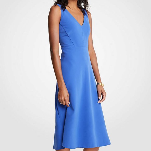 Ann Taylor Vibrant Blue V-Neck Midi Flare Dress - Picture 2 of 3